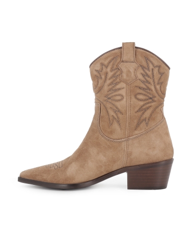 Botin tejana piel bordados tacon cubano mujer taupe