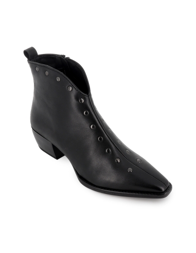 Botin piel lisa corte corazon tachas y cremallera mujer negro