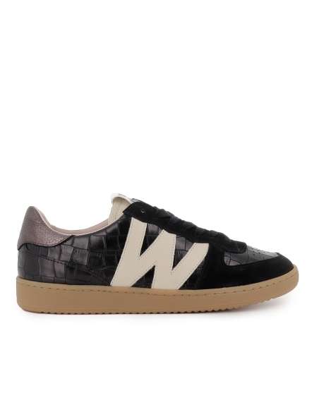 Deportiva piel print print animal y cordones mujer negro