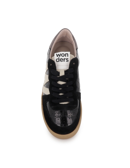 Deportiva piel print print animal y cordones mujer negro