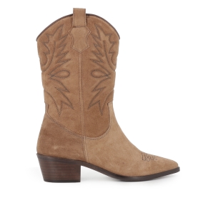 Bota tejana tres cuartos piel bordados tacon cubano mujer taupe