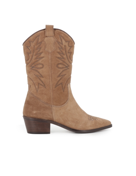 Bota tejana tres cuartos piel bordados tacon cubano mujer taupe