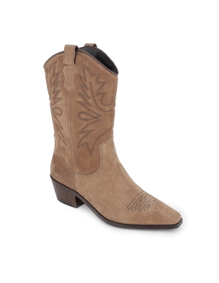 Bota tejana tres cuartos piel bordados tacon cubano mujer taupe