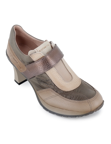 Deportiva piel combi y nylon velcro tacon carrete mujer gris