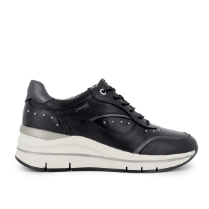 Deportiva piel tachas cordones cuña alta comoda mujer negro