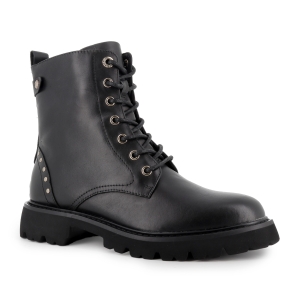 Bota militar piel lisa cordones y cremallera plana mujer negra 2