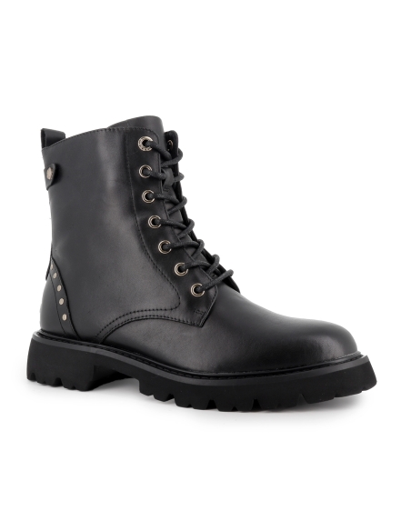 Bota militar piel lisa cordones y cremallera plana mujer negra
