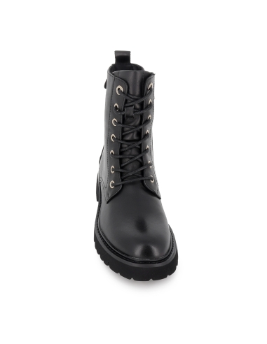 Bota militar piel lisa cordones y cremallera plana mujer negra