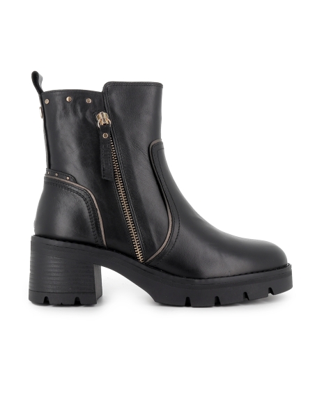 Bota piel lisa con tachas piso track y cremallera mujer negro