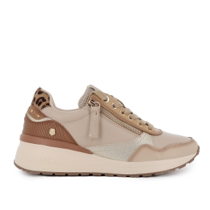 Deportivo piel combi cuña con cremallera y cordones mujer beige