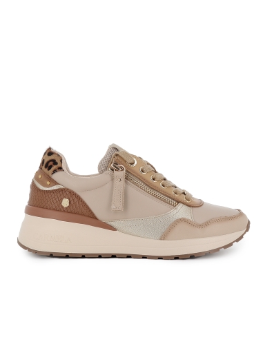 Deportivo piel combi cuña con cremallera y cordones mujer beige