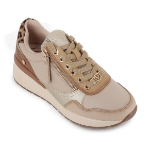 Deportivo piel combi cuña con cremallera y cordones mujer beige 2