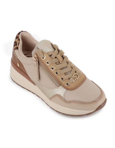 Deportivo piel combi cuña con cremallera y cordones mujer beige
