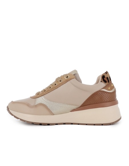 Deportivo piel combi cuña con cremallera y cordones mujer beige