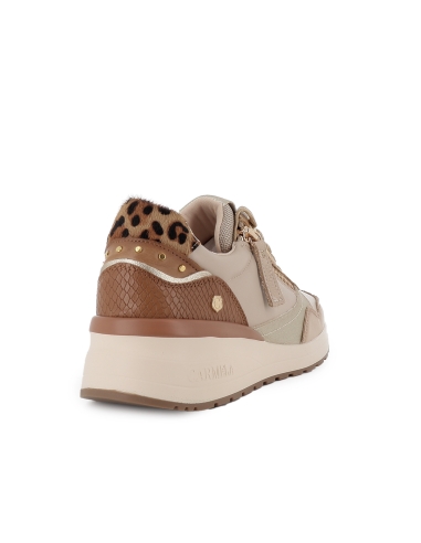 Deportivo piel combi cuña con cremallera y cordones mujer beige