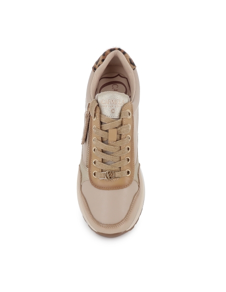 Deportivo piel combi cuña con cremallera y cordones mujer beige