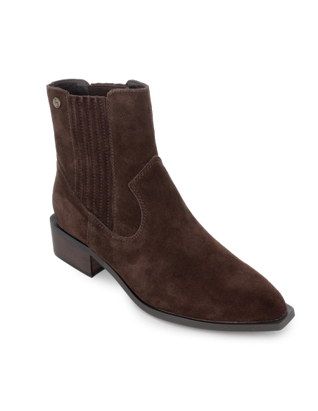 Botin tejano piel serraje elastico tacon bajo mujer marron