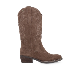 Bota tejano piel serraje bordados tacon bajo mujer taupe