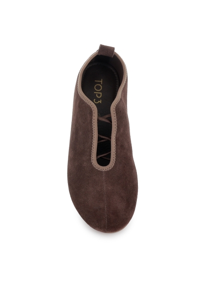Zapato elasticos piel serraje flexible plano mujer marron