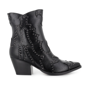 Botin cowboy diseño tachas y cremallera tacon mujer negro