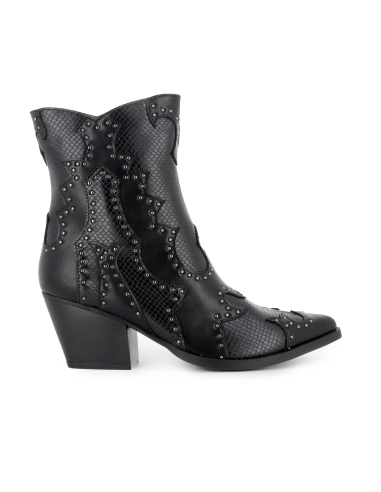 Botin cowboy diseño tachas y cremallera tacon mujer negro