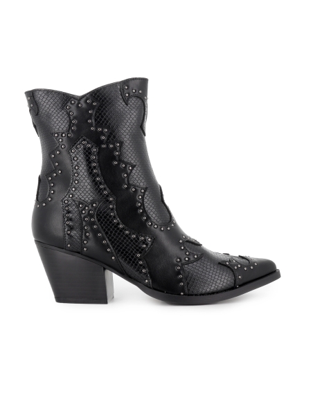 Botin cowboy diseño tachas y cremallera tacon mujer negro