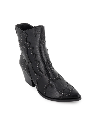 Botin cowboy diseño tachas y cremallera tacon mujer negro