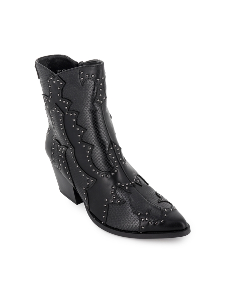 Botin cowboy diseño tachas y cremallera tacon mujer negro