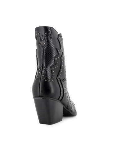 Botin cowboy diseño tachas y cremallera tacon mujer negro