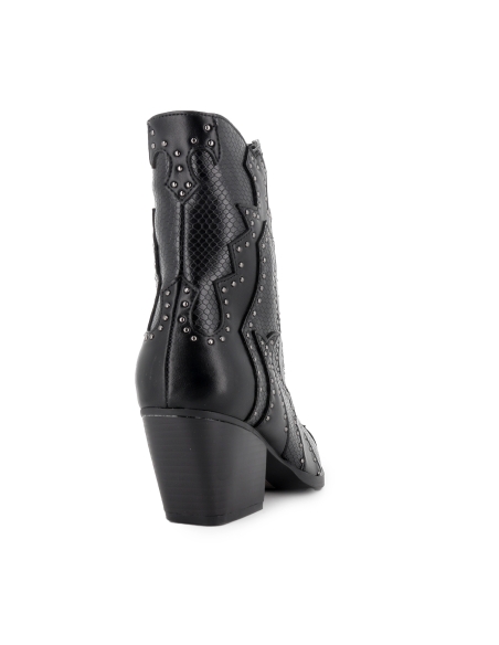 Botin cowboy diseño tachas y cremallera tacon mujer negro