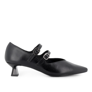 Zapato 2 correas vestir piel y tachas tacon carrete mujer negro