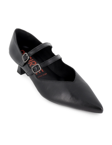 Zapato 2 correas vestir piel y tachas tacon carrete mujer negro