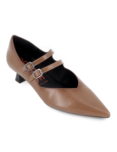 Zapato 2 correas vestir piel y tachas tacon carrete mujer taupe