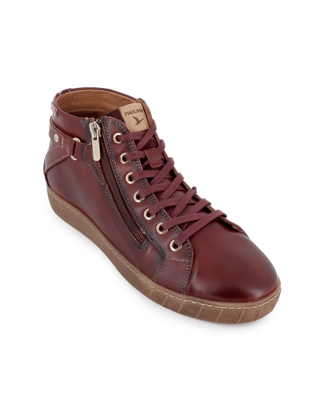 Botin piel cremallera y cordones con plantilla plano mujer rojo