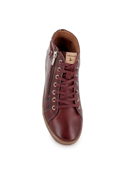 Botin piel cremallera y cordones con plantilla plano mujer rojo