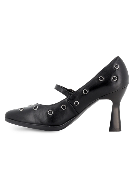 Zapato con correa piel ojetes tacon 7,5 mujer vestir negro