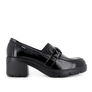 Mocasin piel cuero antifaz y hebilla tacon mujer negro