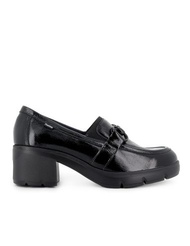 Mocasin piel cuero antifaz y hebilla tacon mujer negro