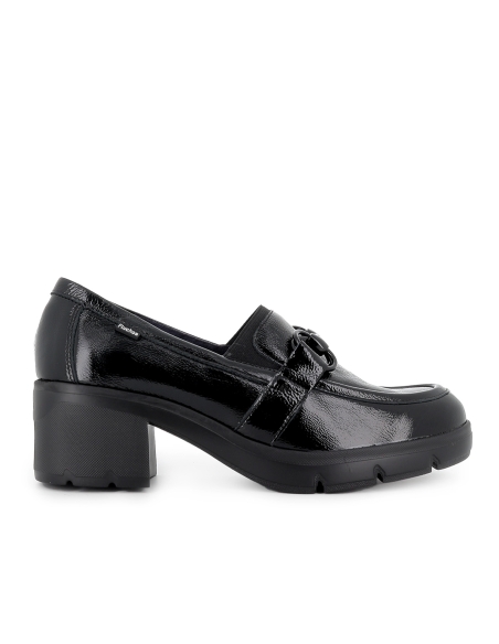 Mocasin piel cuero antifaz y hebilla tacon mujer negro