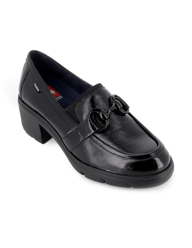 Mocasin piel cuero antifaz y hebilla tacon mujer negro
