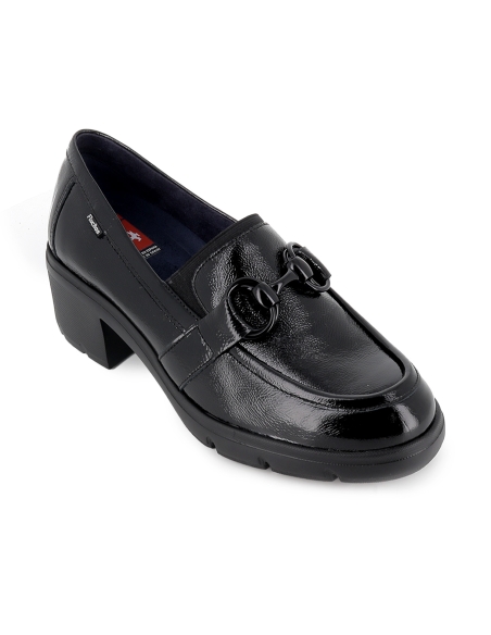 Mocasin piel cuero antifaz y hebilla tacon mujer negro