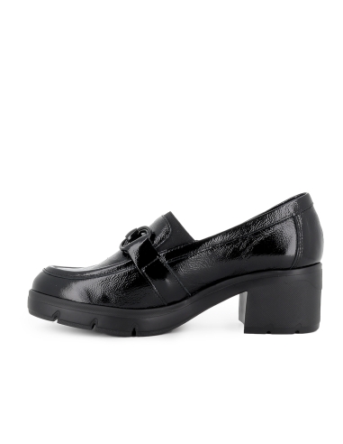 Mocasin piel cuero antifaz y hebilla tacon mujer negro