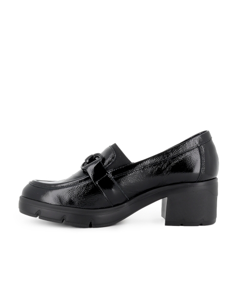 Mocasin piel cuero antifaz y hebilla tacon mujer negro
