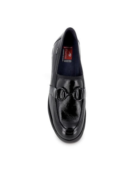 Mocasin piel cuero antifaz y hebilla tacon mujer negro