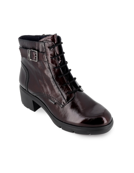 Botin militar charol cordones y hebilla tacon mujer burdeos