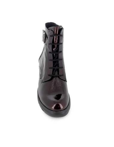 Botin militar charol cordones y hebilla tacon mujer burdeos