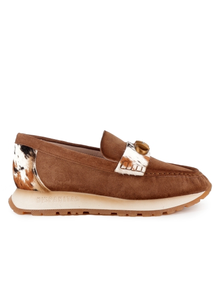 Mocasin piel con animal print antifaz bordon plano mujer marron