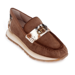 Mocasin piel con animal print antifaz bordon plano mujer marron 2
