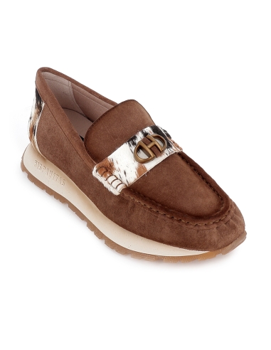 Mocasin piel con animal print antifaz bordon plano mujer marron
