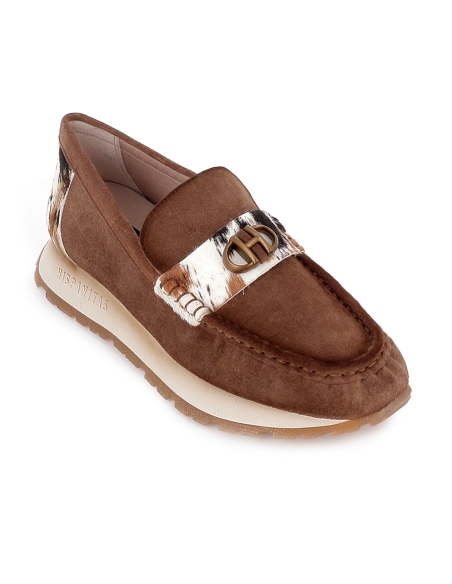 Mocasin piel con animal print antifaz bordon plano mujer marron